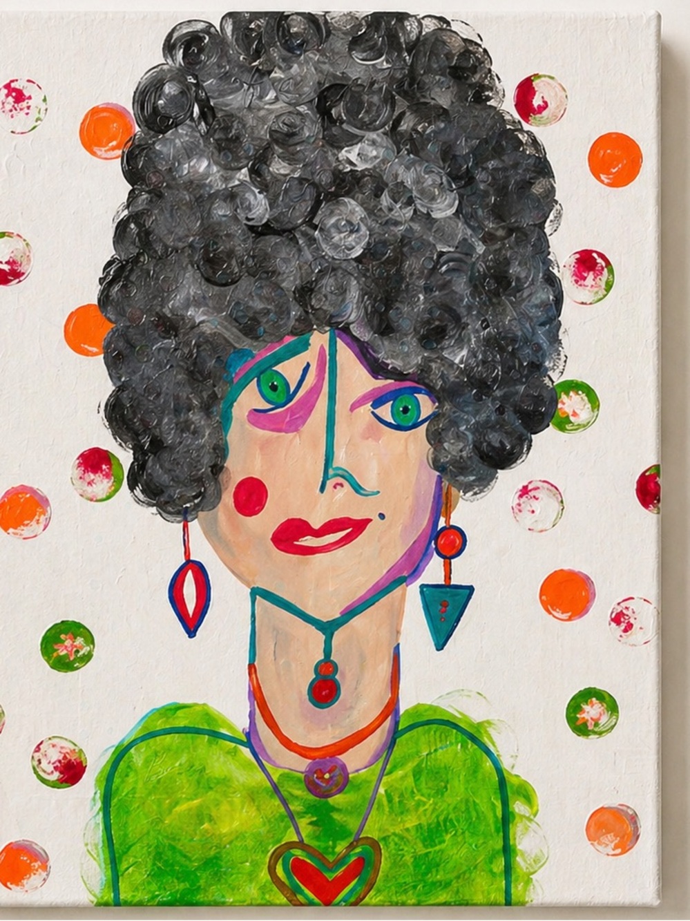 Whimsical Portrait Mixed Media Wall Art in Green and Gray